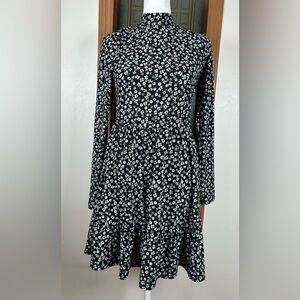 Lily Rose Black and White Ditsy Floral Print Babydoll Cinch Mini Dress Small